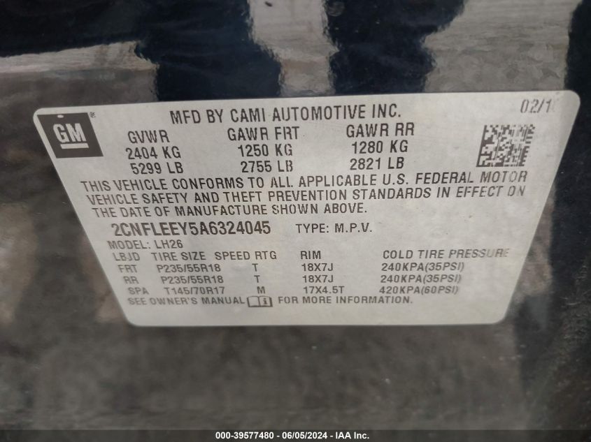 2010 Chevrolet Equinox Lt VIN: 2CNFLEEY5A6324045 Lot: 39577480