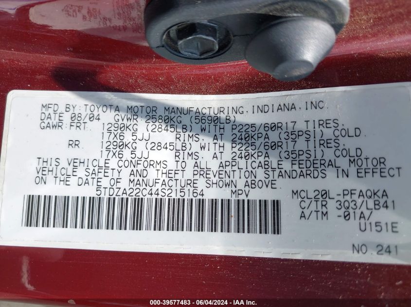 2004 Toyota Sienna Xle VIN: 5TDZA22C44S215164 Lot: 39577483