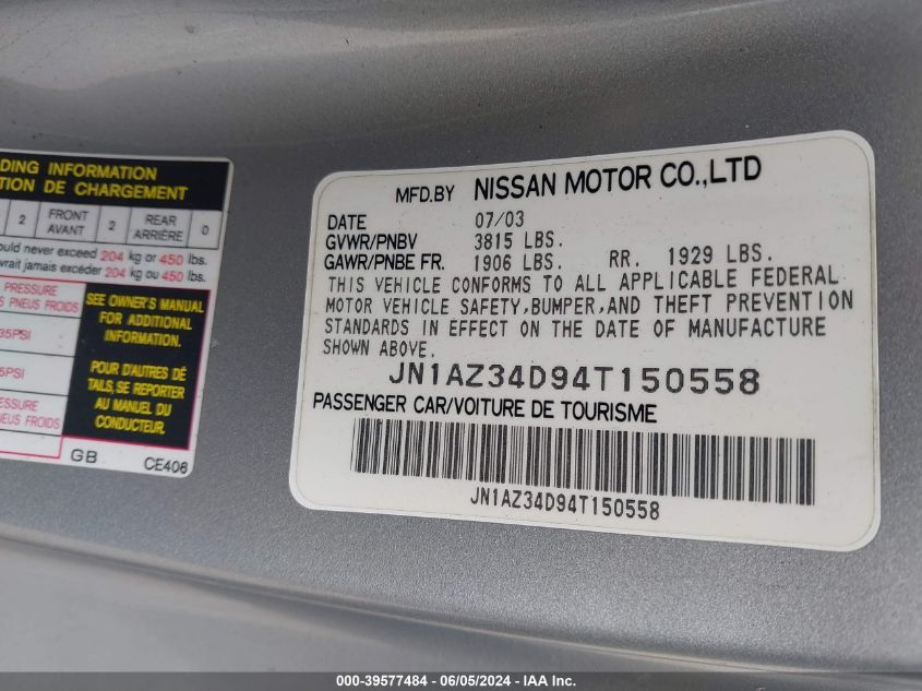 2004 Nissan 350Z VIN: JN1AZ34D94T150558 Lot: 39577484