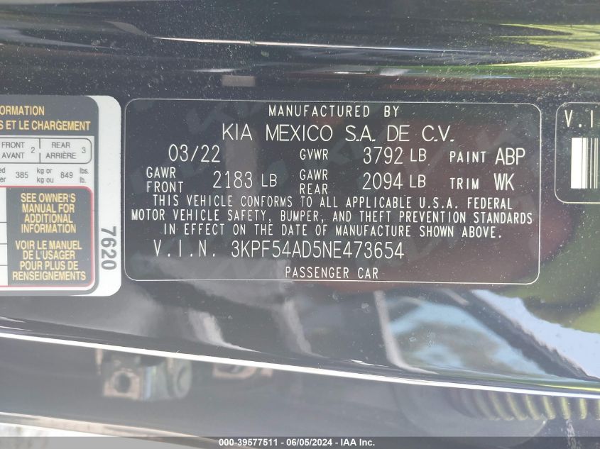 2022 Kia Forte Gt-Line VIN: 3KPF54AD5NE473654 Lot: 39577511