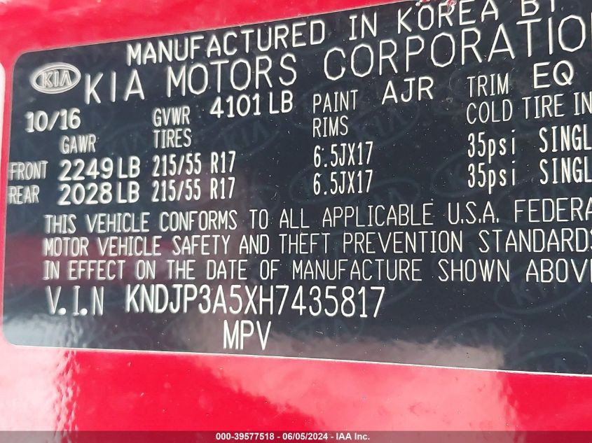 2017 Kia Soul + VIN: KNDJP3A5XH7435817 Lot: 39577518