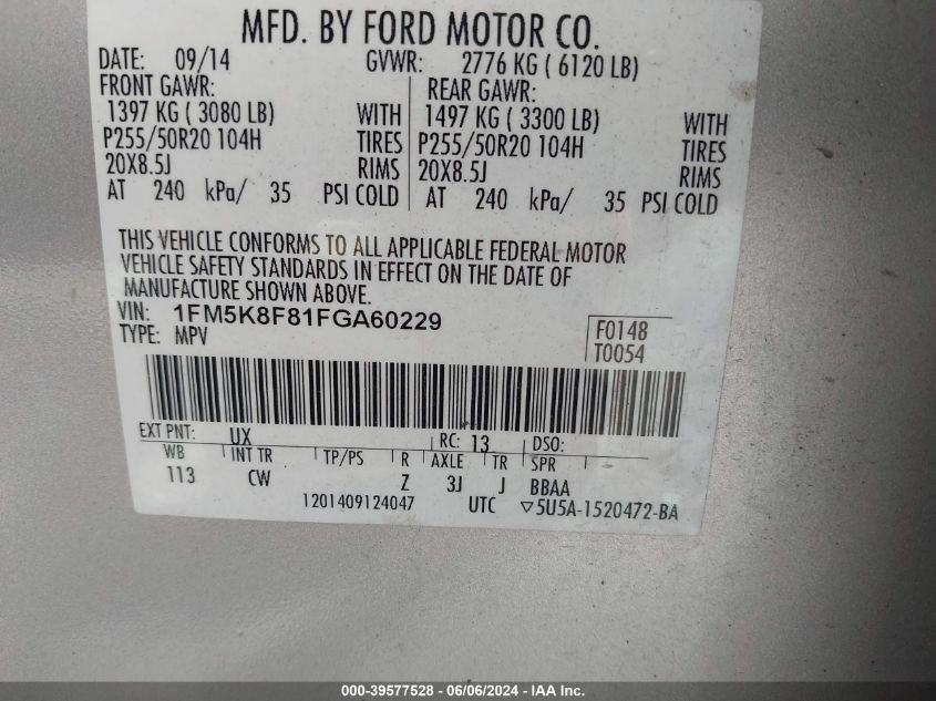 2015 Ford Explorer Limited VIN: 1FM5K8F81FGA60229 Lot: 39577528