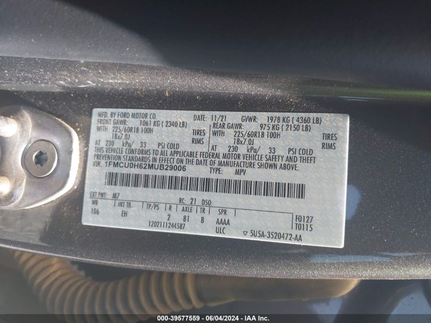 2021 FORD ESCAPE SEL - 1FMCU0H62MUB29006