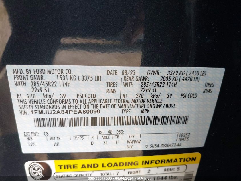 2023 Ford Expedition Limited VIN: 1FMJU2A84PEA60090 Lot: 39577560