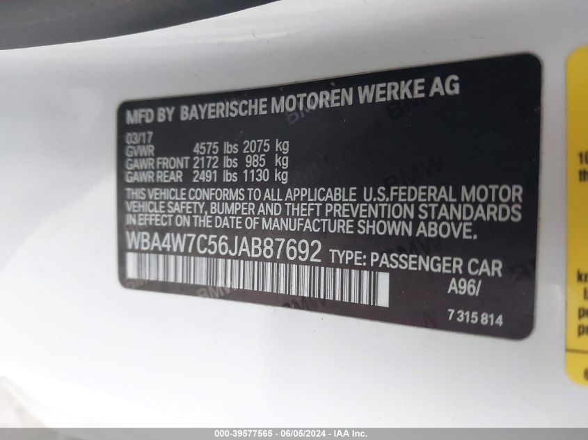 2018 BMW 440I VIN: WBA4W7C56JAB87692 Lot: 39577565