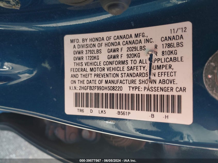 2013 Honda Civic Ex-L VIN: 2HGFB2F99DH508220 Lot: 39577567