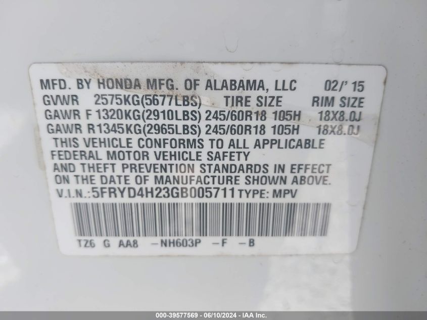 2016 Acura Mdx VIN: 5FRYD4H23GB005711 Lot: 39577569