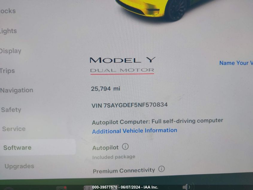 2022 Tesla Model Y Performance Dual Motor All-Wheel Drive VIN: 7SAYGDEF5NF570834 Lot: 39577570