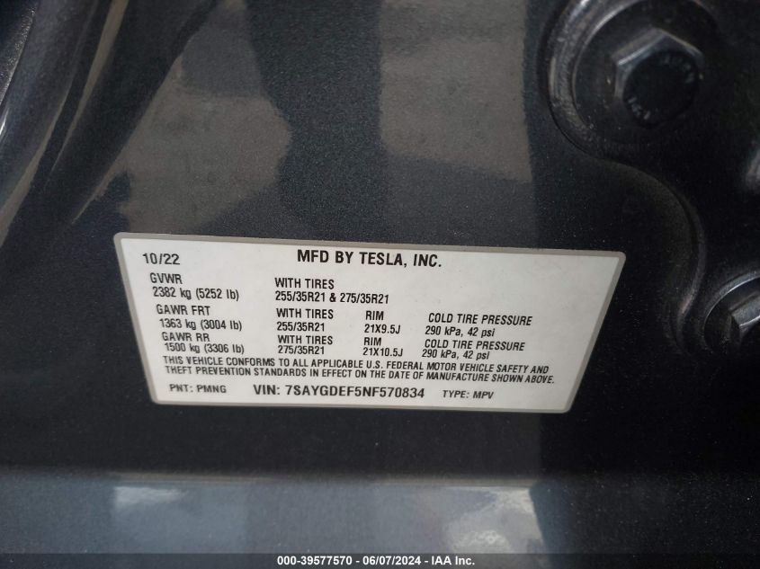 2022 Tesla Model Y Performance Dual Motor All-Wheel Drive VIN: 7SAYGDEF5NF570834 Lot: 39577570