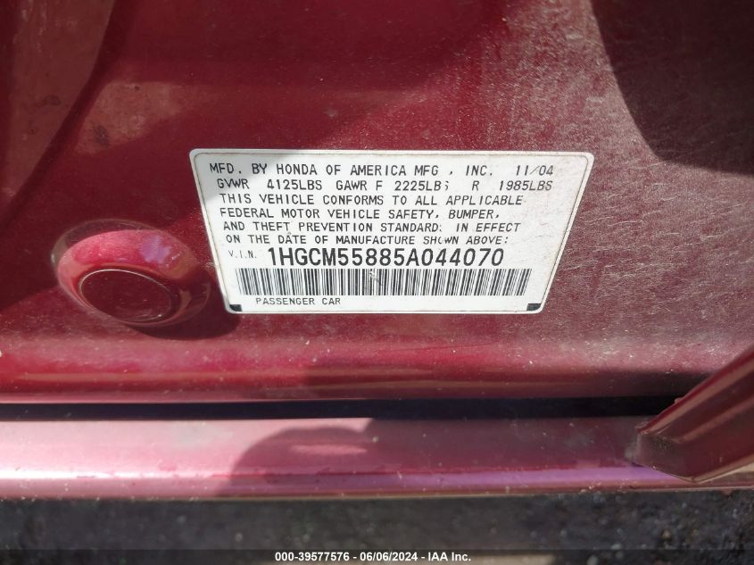 2005 Honda Accord 2.4 Ex VIN: 1HGCM55885A044070 Lot: 39577576