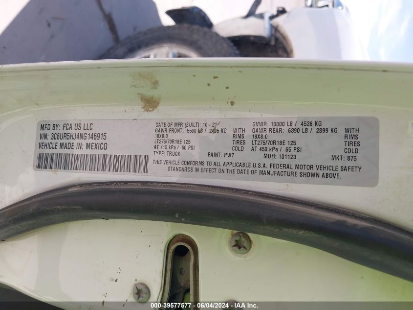 2022 Ram 2500 Tradesman 4X4 8' Box VIN: 3C6UR5HJ4NG146915 Lot: 39577577