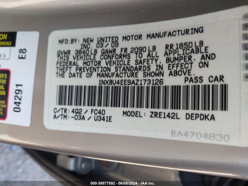 2010 Toyota Corolla Le VIN: 1NXBU4EE9AZ173126 Lot: 39577592