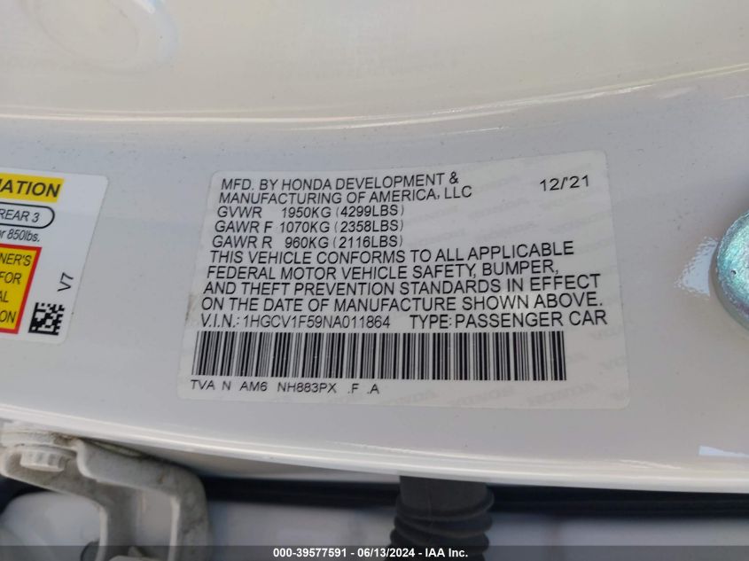 2022 Honda Accord Ex-L VIN: 1HGCV1F59NA011864 Lot: 39577591