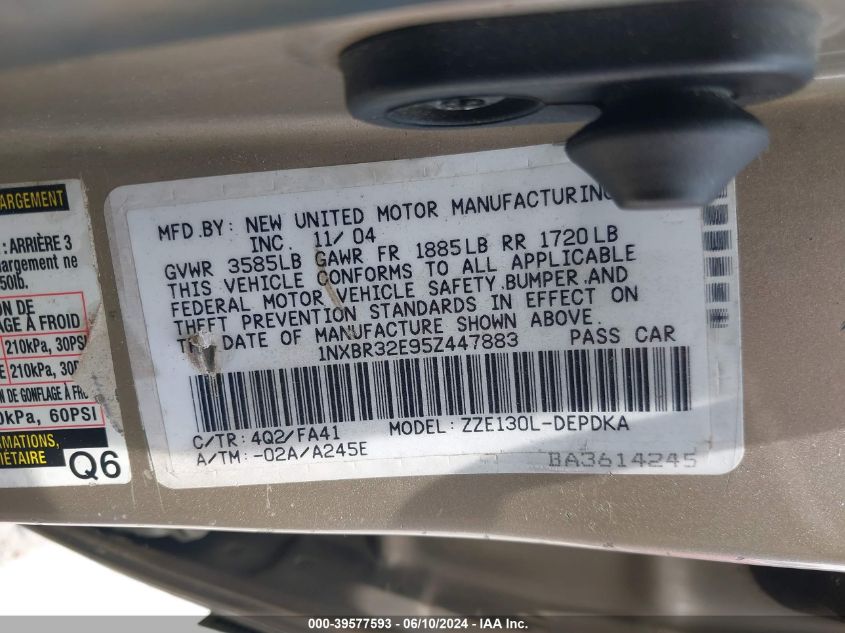 2005 Toyota Corolla Ce VIN: 1NXBR32E95Z447883 Lot: 39577593