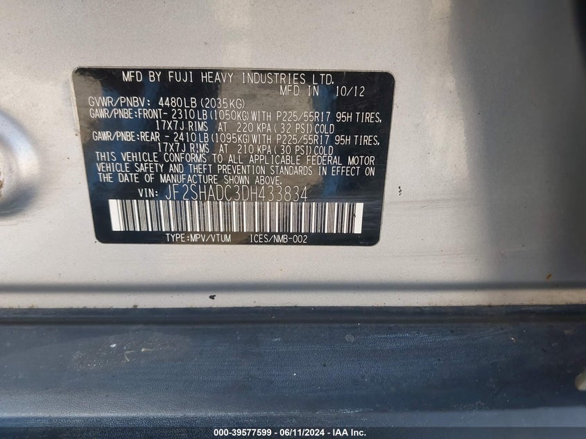 2013 Subaru Forester 2.5X Premium VIN: JF2SHADC3DH433834 Lot: 39577599