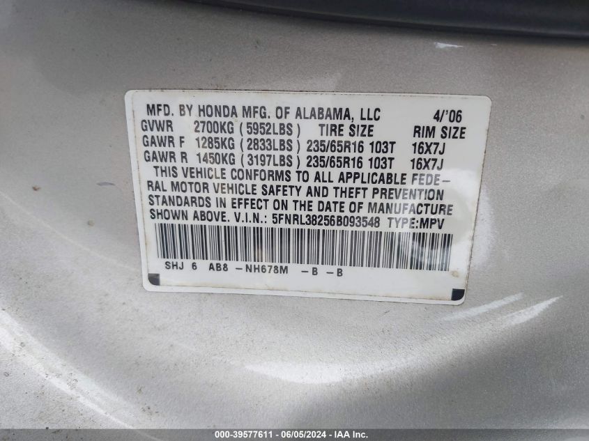 2006 Honda Odyssey Lx VIN: 5FNRL38256B093548 Lot: 39577611