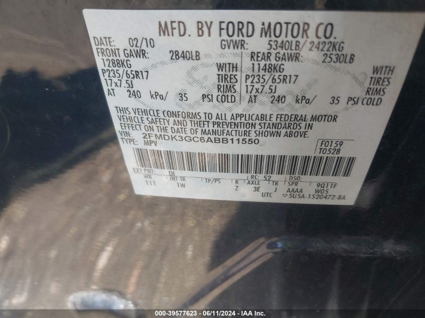 2010 Ford Edge Se VIN: 2FMDK3GC6ABB11550 Lot: 39577623