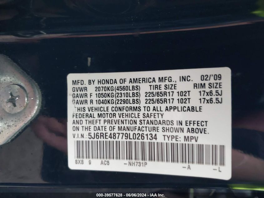 2009 Honda Cr-V Ex-L VIN: 5J6RE48779L026134 Lot: 39577628