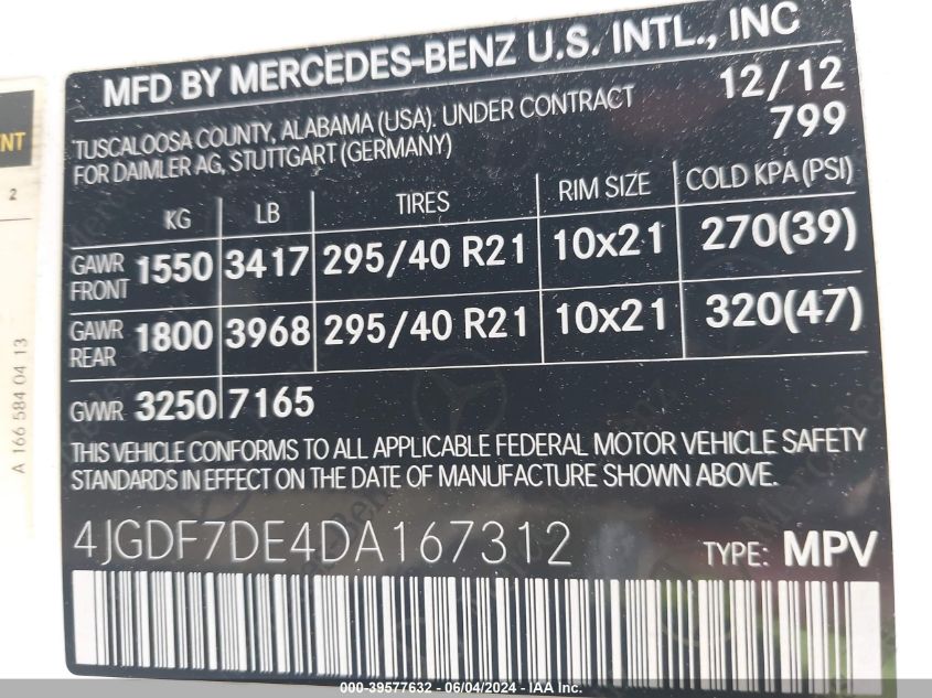 2013 Mercedes-Benz Gl 550 4Matic VIN: 4JGDF7DE4DA167312 Lot: 39577632