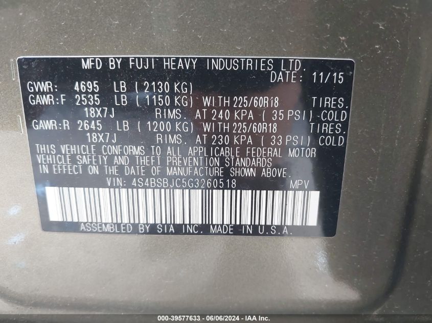 2016 Subaru Outback 2.5I Limited VIN: 4S4BSBJC5G3260518 Lot: 39577633