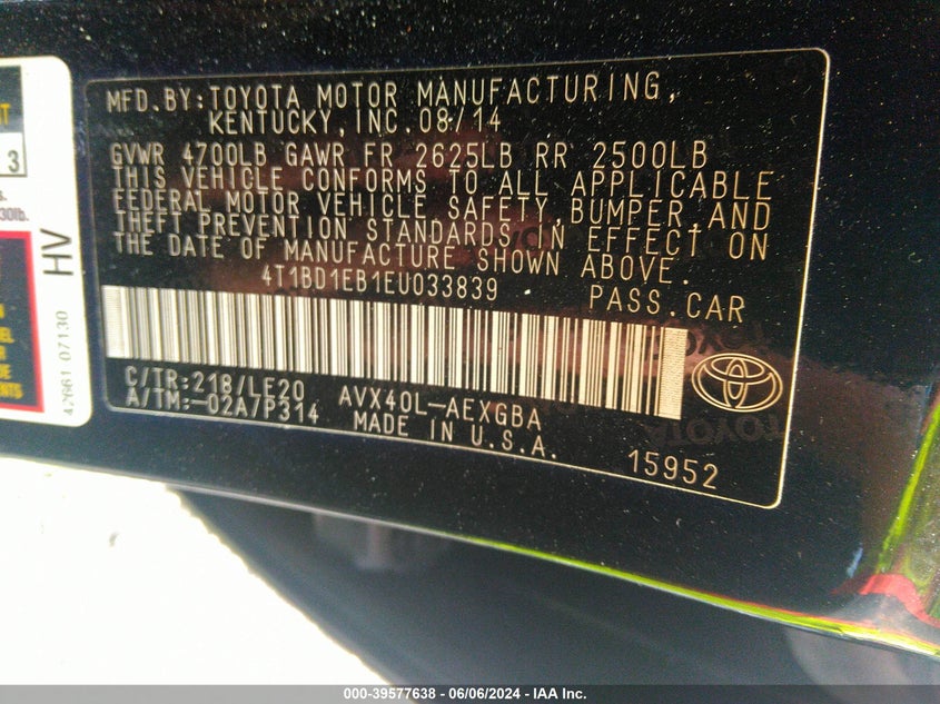 4T1BD1EB1EU033839 2014 Toyota Avalon Hybrid Xle Touring