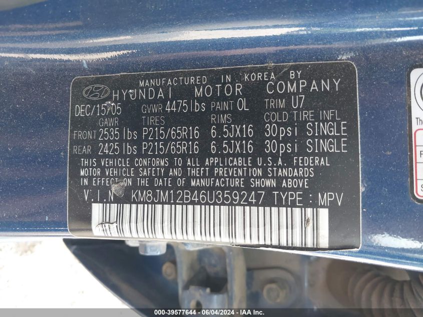 2006 Hyundai Tucson Gl VIN: KM8JM12B46U359247 Lot: 39577644