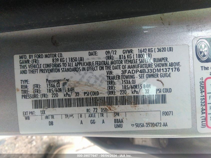 2013 Ford Fiesta Se VIN: 3FADP4BJ3DM137176 Lot: 39577647