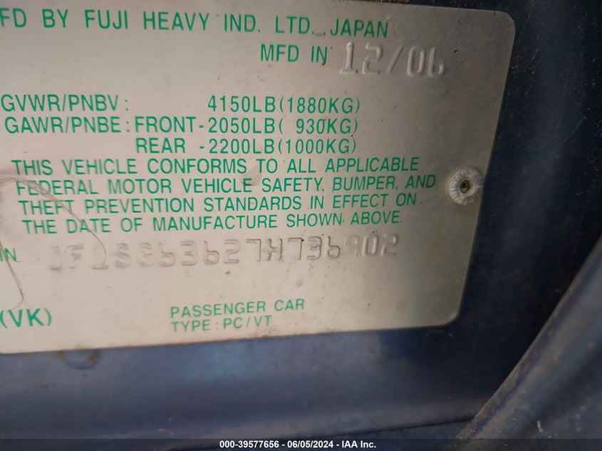 2007 Subaru Forester 2.5X VIN: JF1SG63627H736902 Lot: 39577656