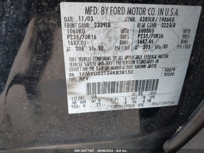 2004 Ford Escape Xlt VIN: 1FMYU03134KB38150 Lot: 39577657