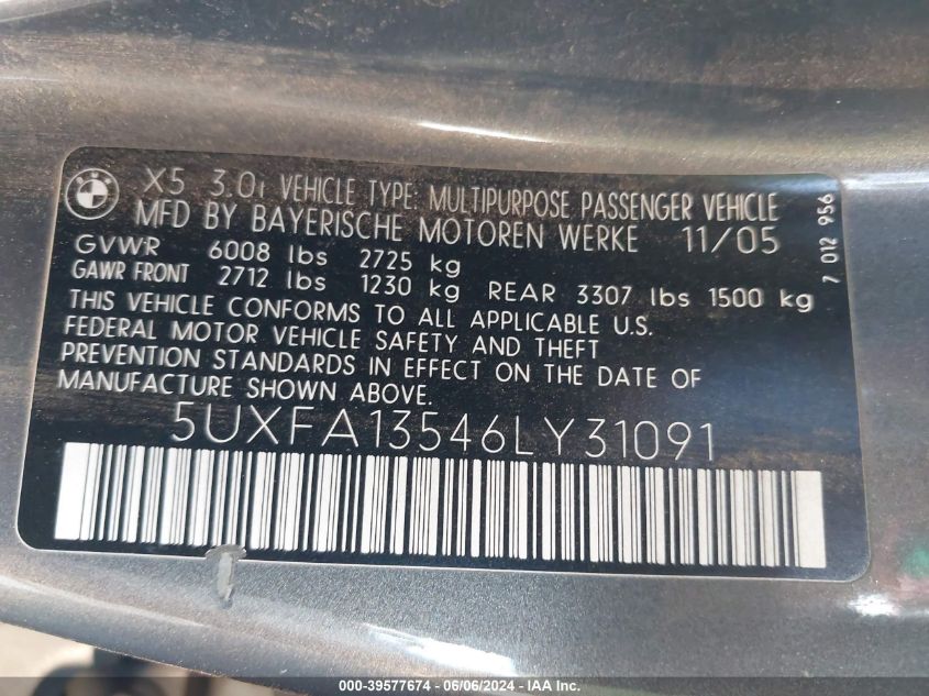 2006 BMW X5 3.0I VIN: 5UXFA13546LY31091 Lot: 39577674