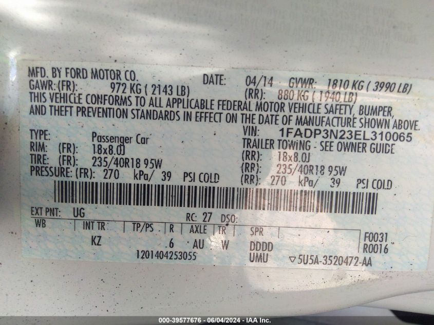 2014 Ford Focus Titanium VIN: 1FADP3N23EL310065 Lot: 39577676