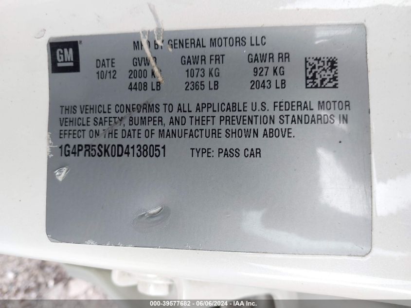 2013 Buick Verano Convenience Group VIN: 1G4PR5SK0D4138051 Lot: 39577682