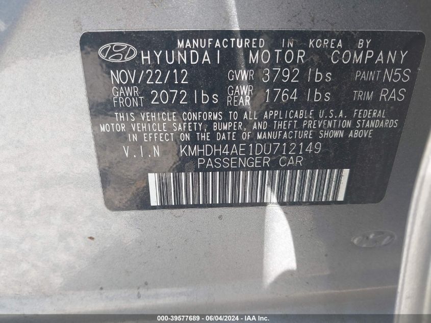 2013 Hyundai Elantra Gls VIN: KMHDH4AE1DU712149 Lot: 39577689