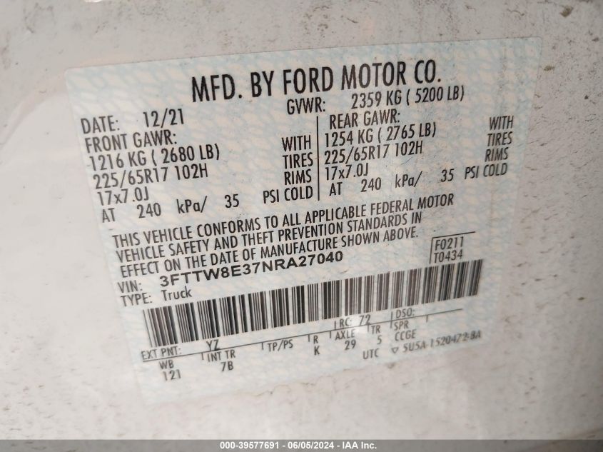 2022 FORD MAVERICK XLT - 3FTTW8E37NRA27040