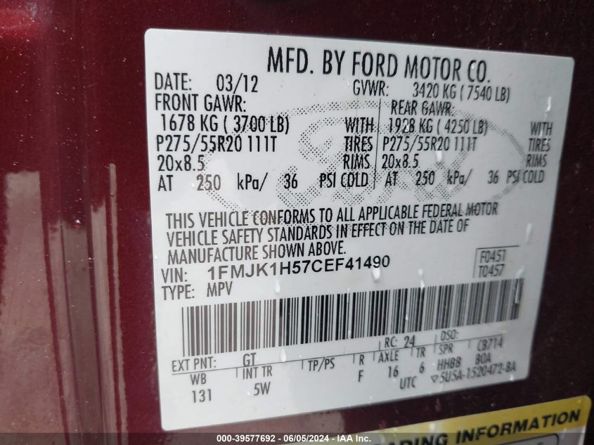 2012 Ford Expedition El Xlt/El King Ranch VIN: 1FMJK1H57CEF41490 Lot: 39577692
