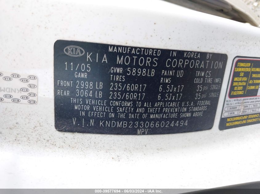 2006 Kia Sedona Ex/Lx VIN: KNDMB233066024494 Lot: 39577694