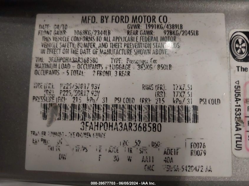 2010 Ford Fusion Se VIN: 3FAHP0HA3AR368580 Lot: 39577703