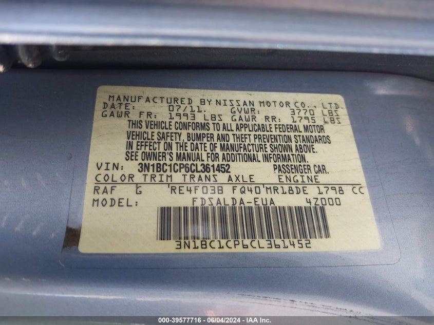 2012 Nissan Versa 1.8 S VIN: 3N1BC1CP6CL361452 Lot: 39577716