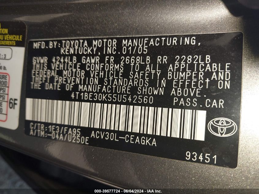 2005 Toyota Camry Xle VIN: 4T1BE30K55U542560 Lot: 39577724