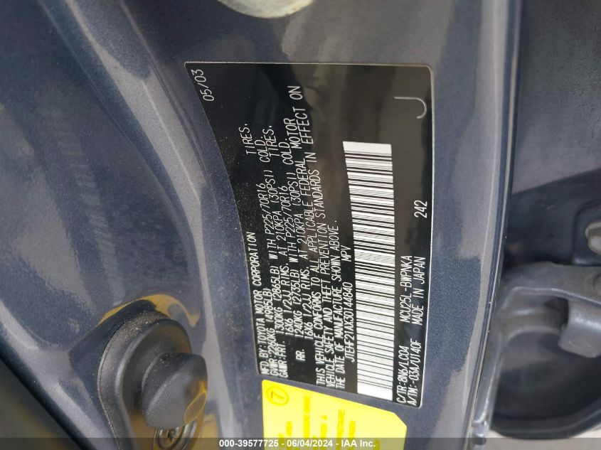 2003 Toyota Highlander Limited V6 VIN: JTEHF21AX30144840 Lot: 39577725