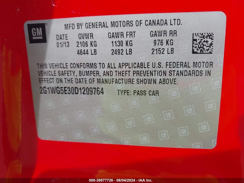 2013 Chevrolet Impala Lt VIN: 2G1WG5E30D1209764 Lot: 39577726