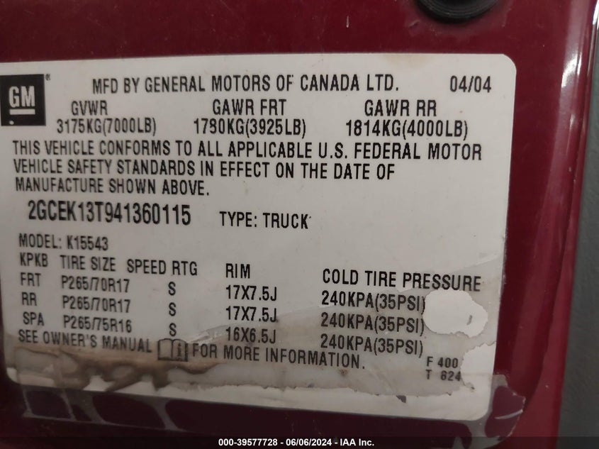 2004 Chevrolet Silverado 1500 Ls VIN: 2GCEK13T941360115 Lot: 39577728