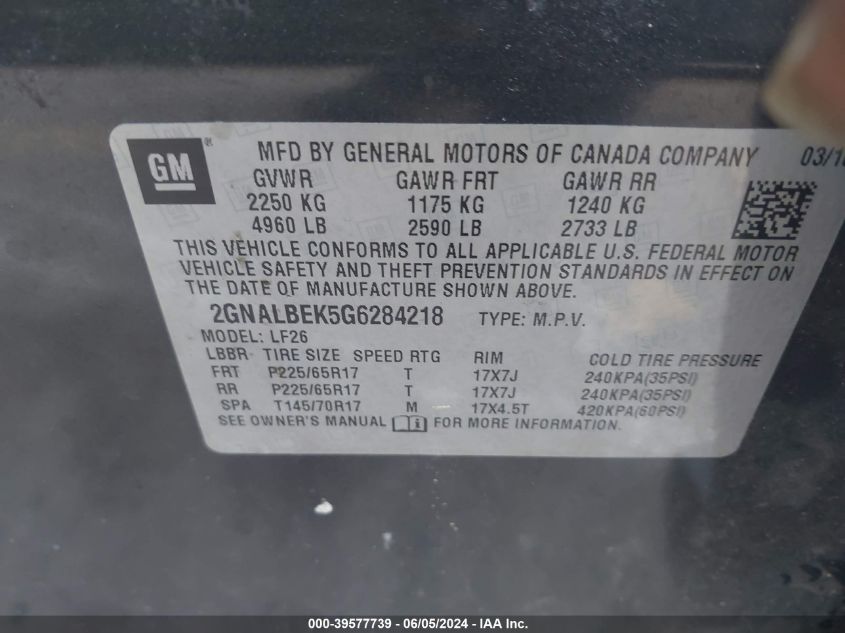 2016 Chevrolet Equinox Ls VIN: 2GNALBEK5G6284218 Lot: 39577739