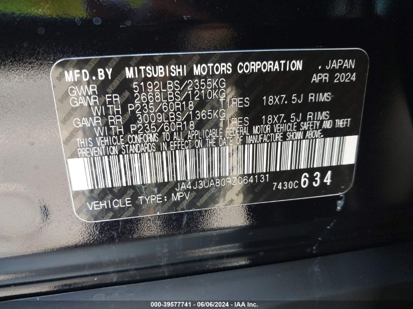 2024 Mitsubishi Outlander Es 2.5 2Wd VIN: JA4J3UA80RZ064131 Lot: 39577741