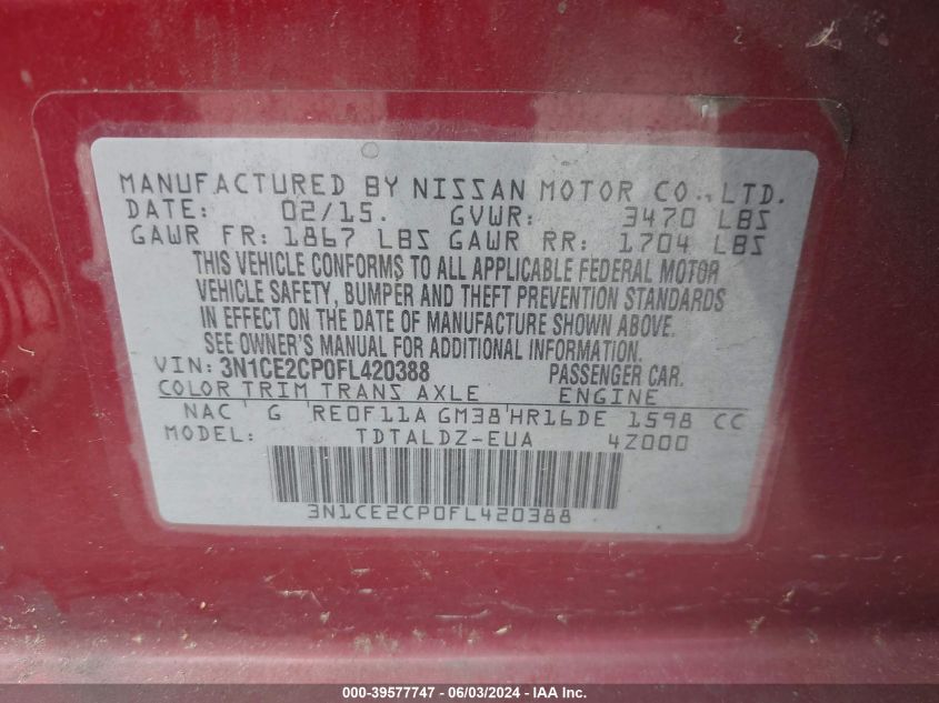 2015 Nissan Versa Note S (Sr)/S Plus/Sl/Sr/Sv VIN: 3N1CE2CP0FL420388 Lot: 39577747