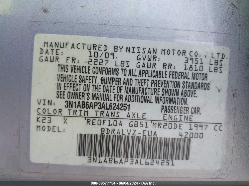 2010 Nissan Sentra 2.0Sl VIN: 3N1AB6AP3AL624251 Lot: 39577754