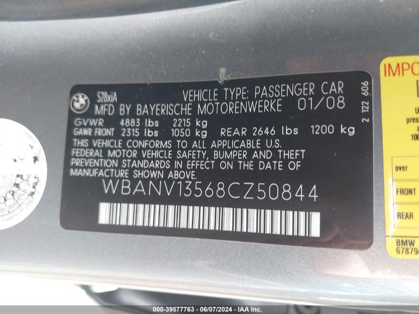 2008 BMW 528Xi VIN: WBANV13568CZ50844 Lot: 39577763