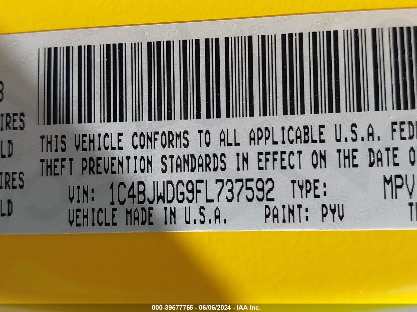2015 Jeep Wrangler Unlimited Sport VIN: 1C4BJWDG9FL737592 Lot: 39577765
