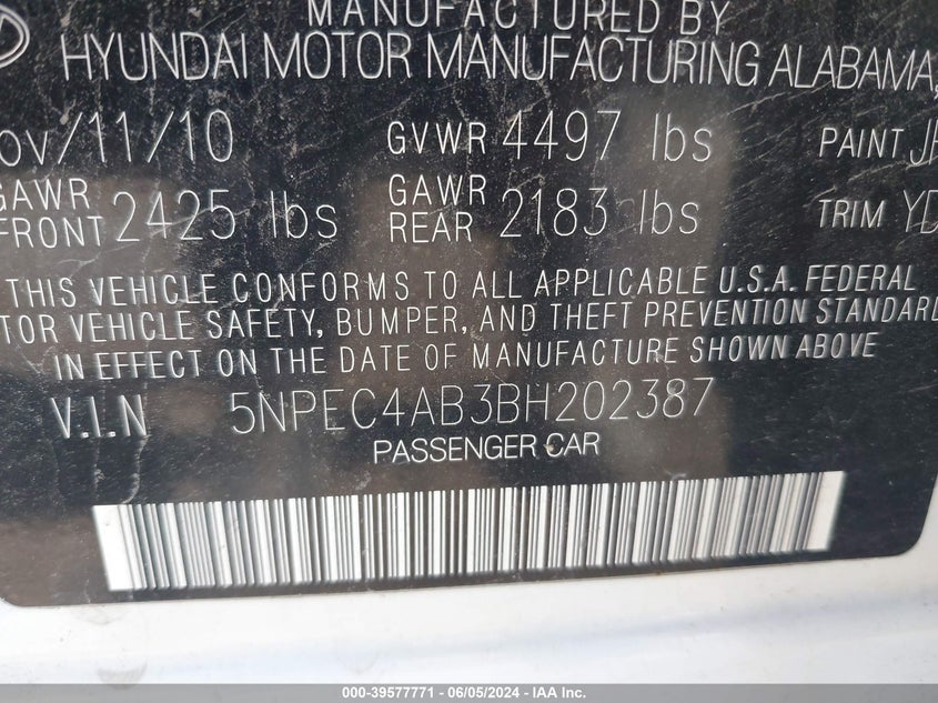 5NPEC4AB3BH202387 2011 Hyundai Sonata Limited 2.0T