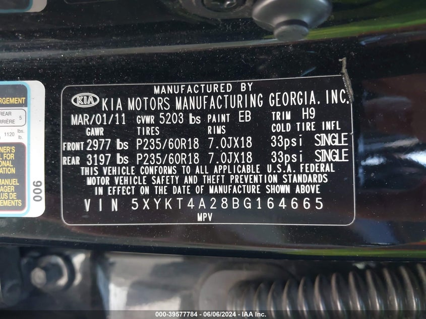 2011 Kia Sorento Lx V6 VIN: 5XYKT4A28BG164665 Lot: 39577784